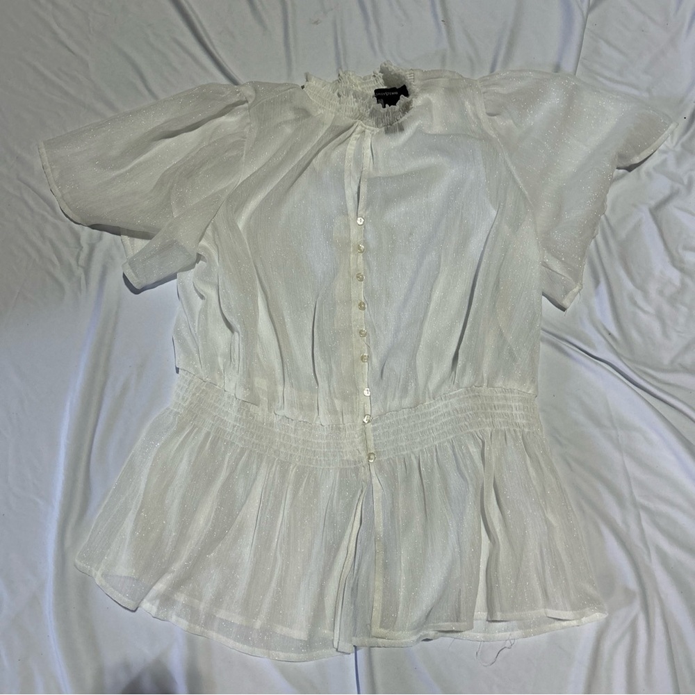 Ashley Stewart White Puff Sleeve Peplum Blouse 14/16 XL